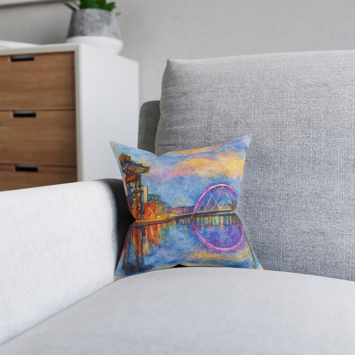 Glasgow Riverfront Bridge Pillow | Watercolor Cityscape Square Pillow