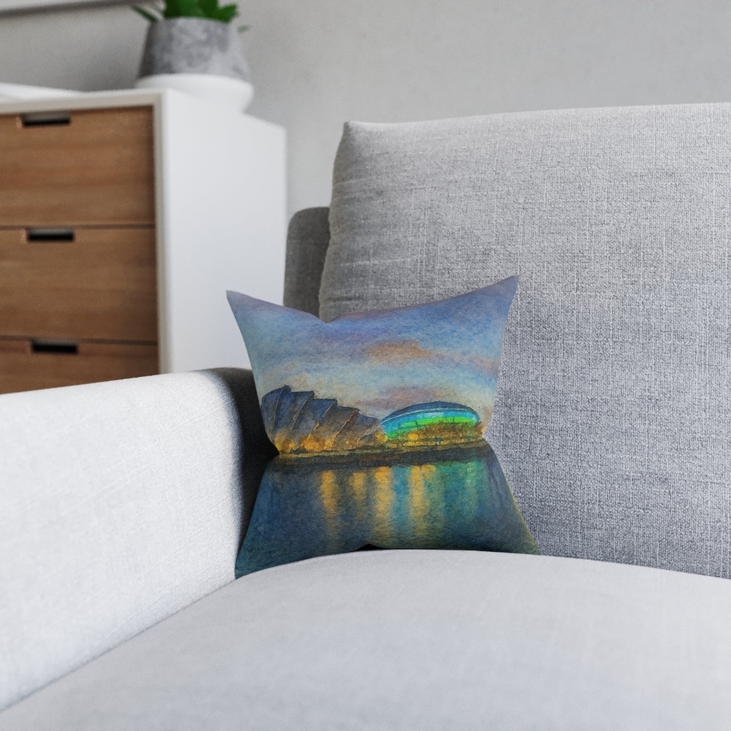 Riverside Cityscape Nightscape Square Pillow | Watercolor Stadium Reflection