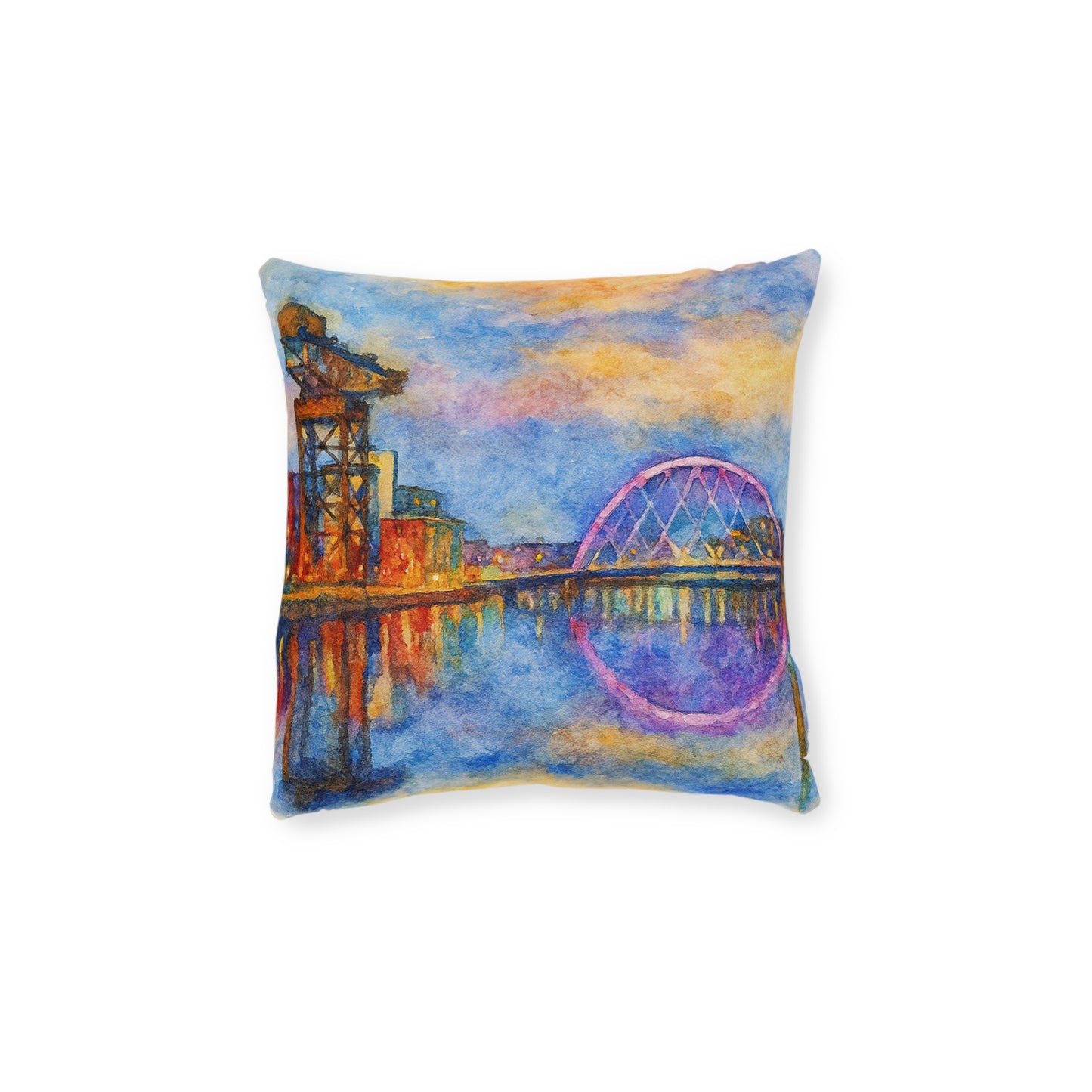 Glasgow Riverfront Bridge Pillow | Watercolor Cityscape Square Pillow