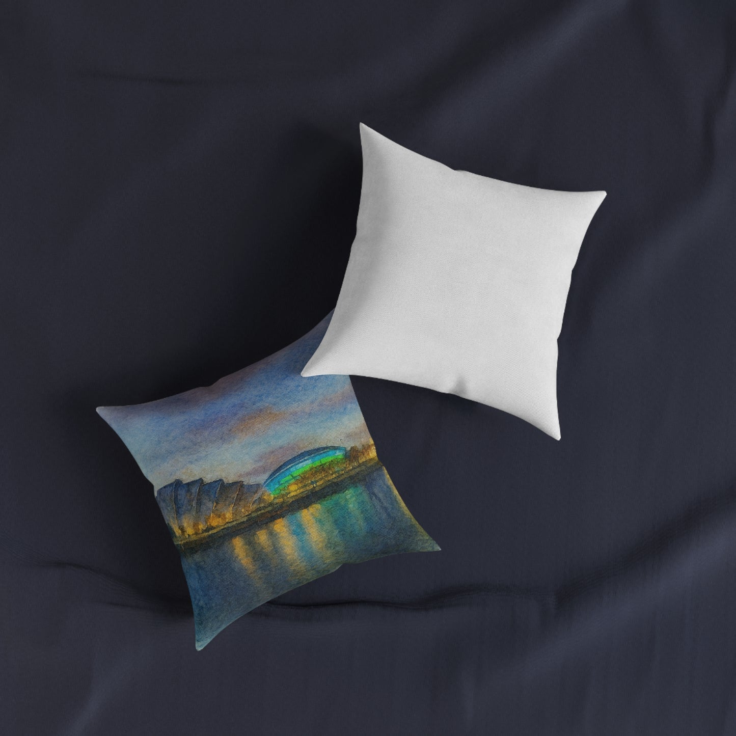 Riverside Cityscape Nightscape Square Pillow | Watercolor Stadium Reflection