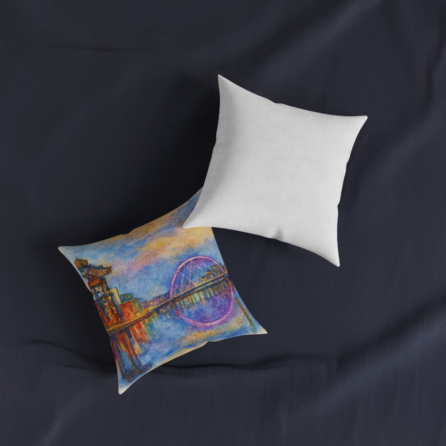 Glasgow Riverfront Bridge Pillow | Watercolor Cityscape Square Pillow