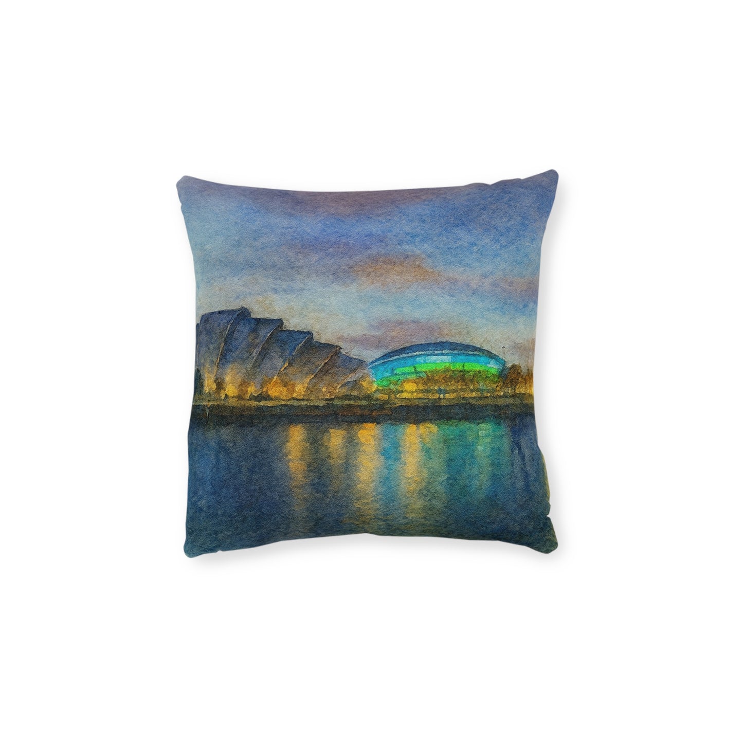 Riverside Cityscape Nightscape Square Pillow | Watercolor Stadium Reflection